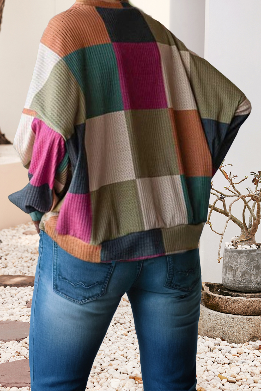 Checkered Print Knit Long Sleeve Loose Top