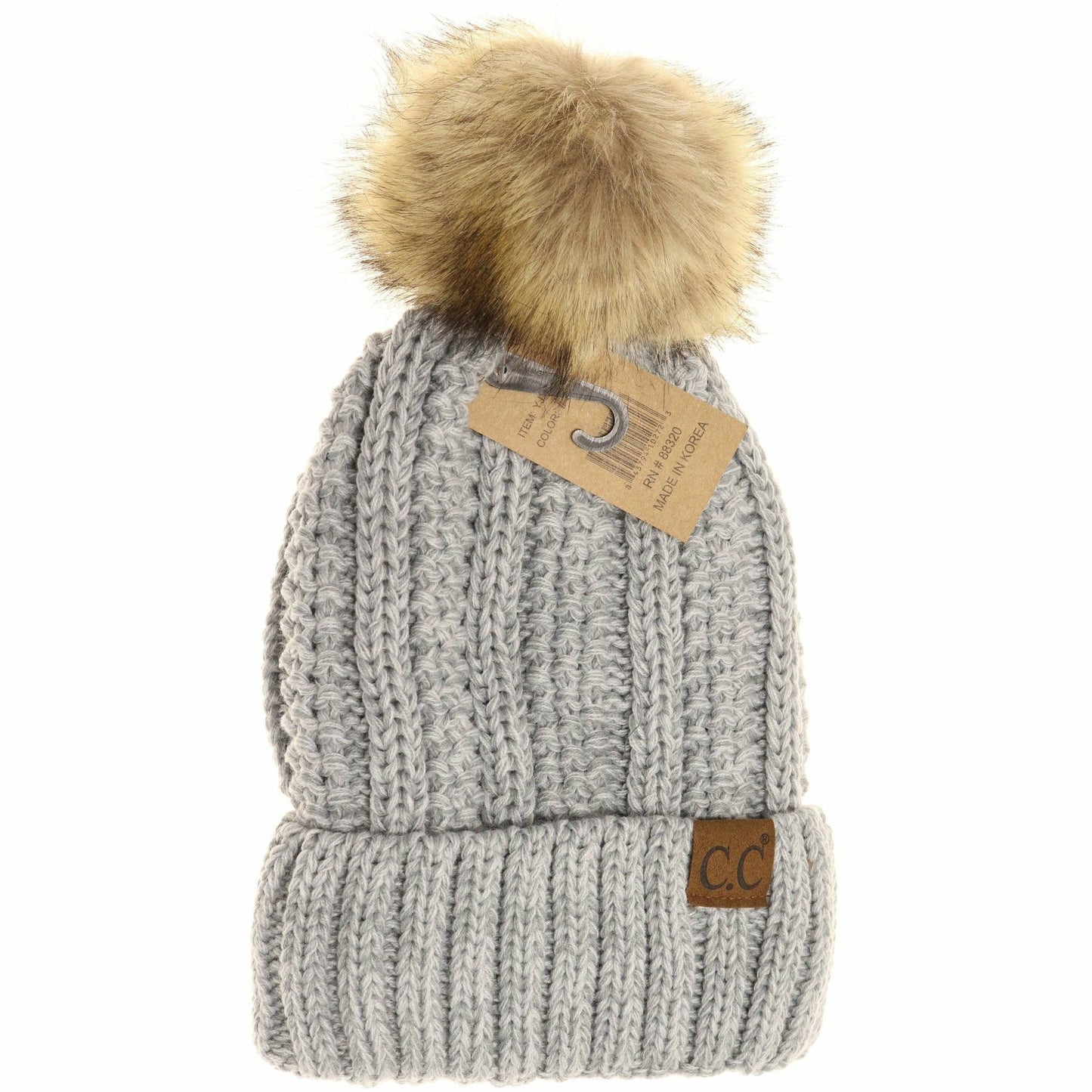 Fuzzy Lined Multi Tone Fur Pom CC Beanie