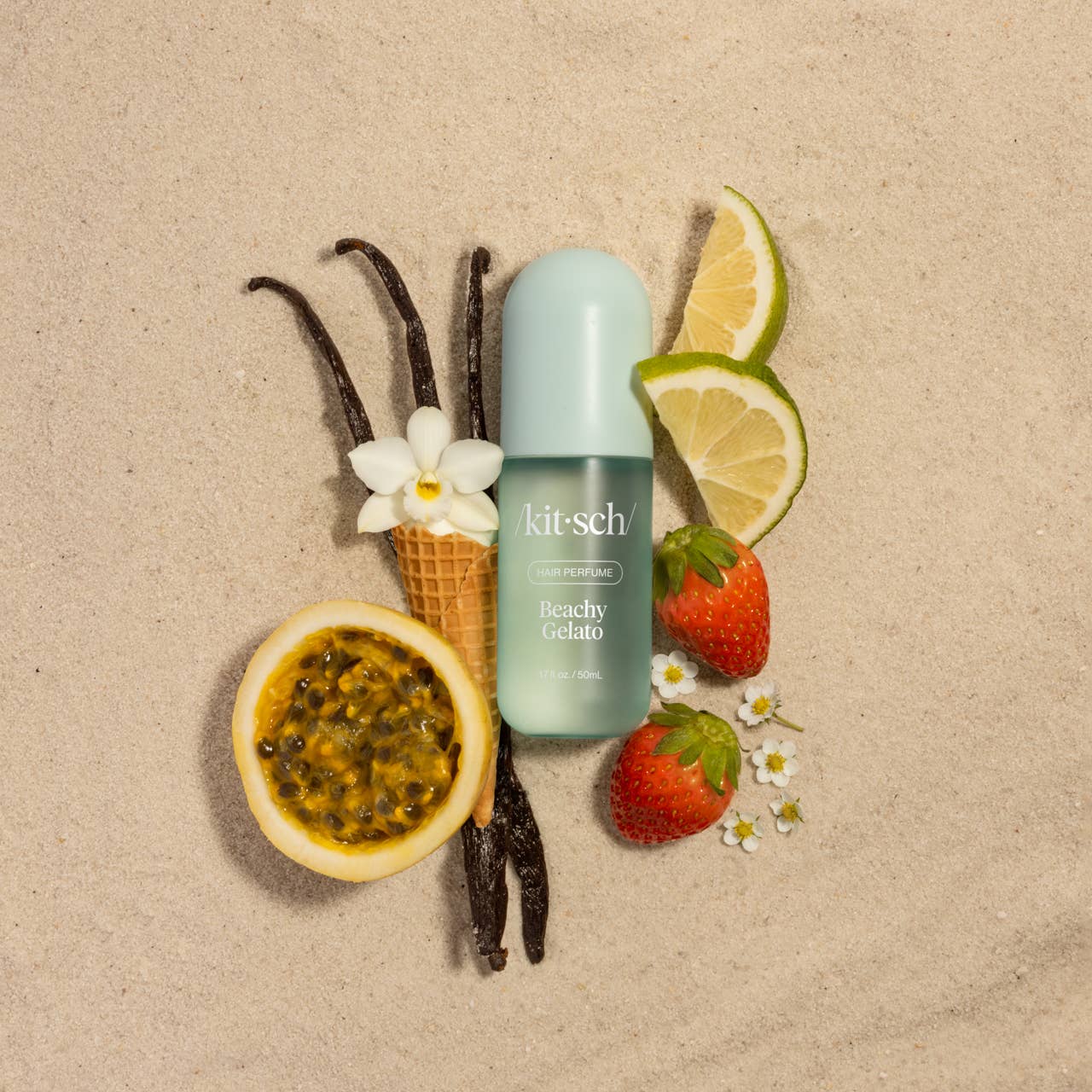 Kitsch Beachy Gelato Hair Perfume lifestyle — beachy vanilla hair mist with odor eliminating technology