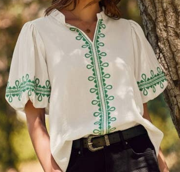 Oddi Solid Embroidered Bubble Sleeve Blouse
