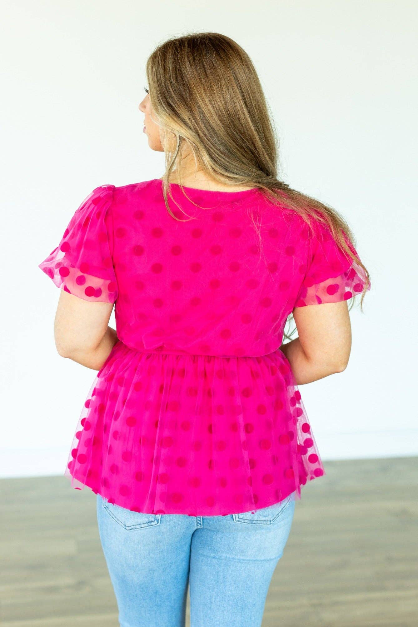 Polka Dot Mesh Peplum Top