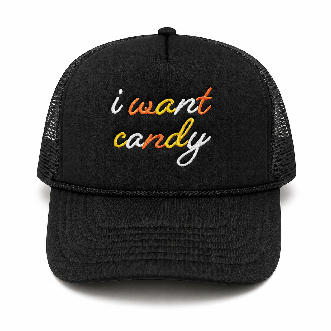A black trucker hat with 'i want candy' embroidered on the front in white, orange, and yellow script, shown against a plain white background.