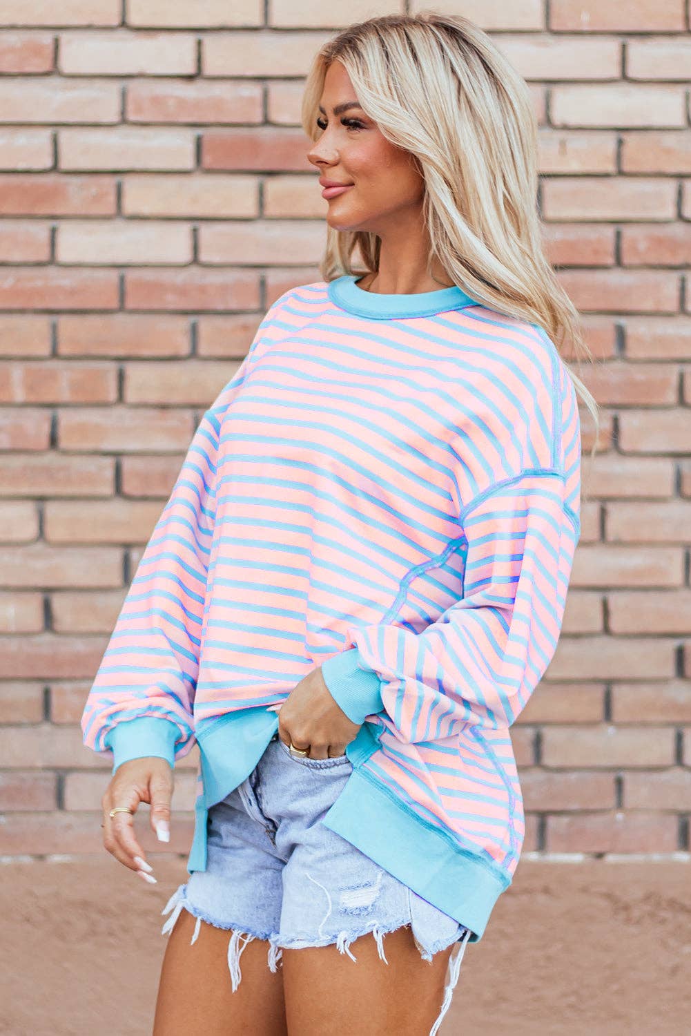 Pink Stripe High Low Sweatshirt