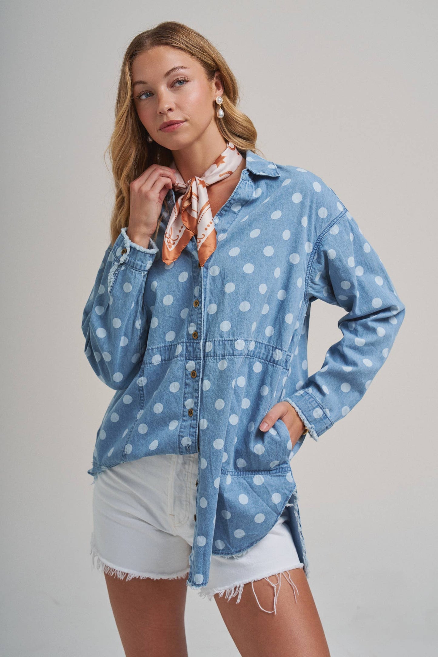Polka Dot Chambray Button-Up Shirt with Frayed Hem