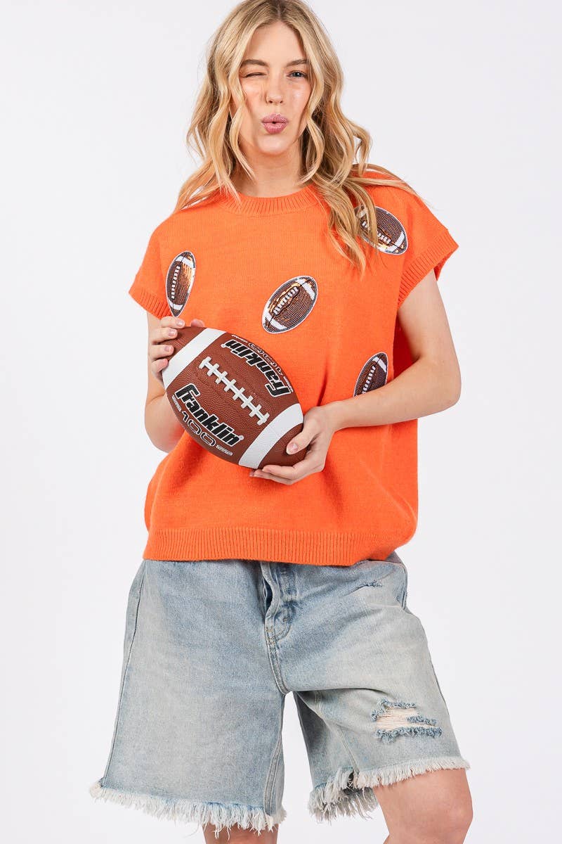 Orange Football Sequin Patch Game Day Top
