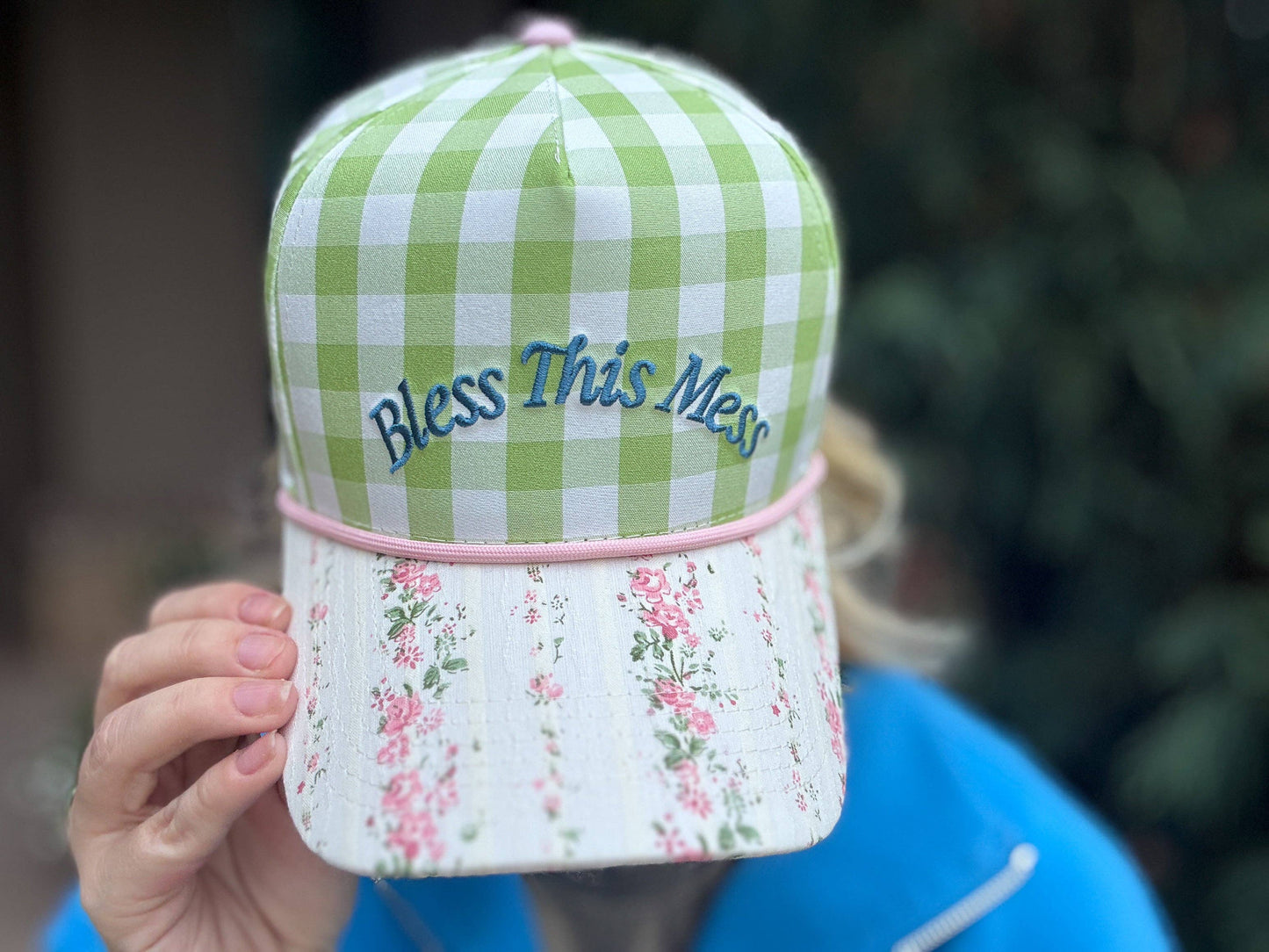 Bless This Mess Embroidered Floral Gingham Trucker Hat
