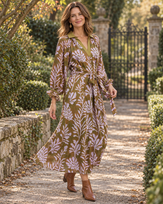 A woman wearing a long-sleeve olive green midi dress with a light pink botanical leaf pattern, walking on a stone garden path.