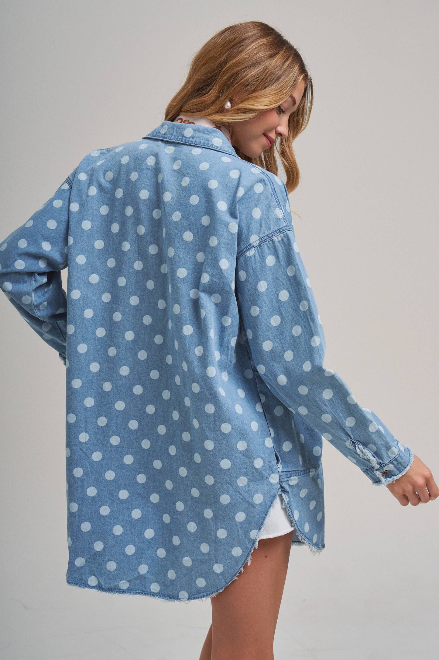 Polka Dot Chambray Button-Up Shirt with Frayed Hem