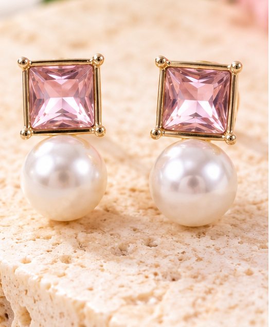 Pink Crystal & Pearl Drop Earrings