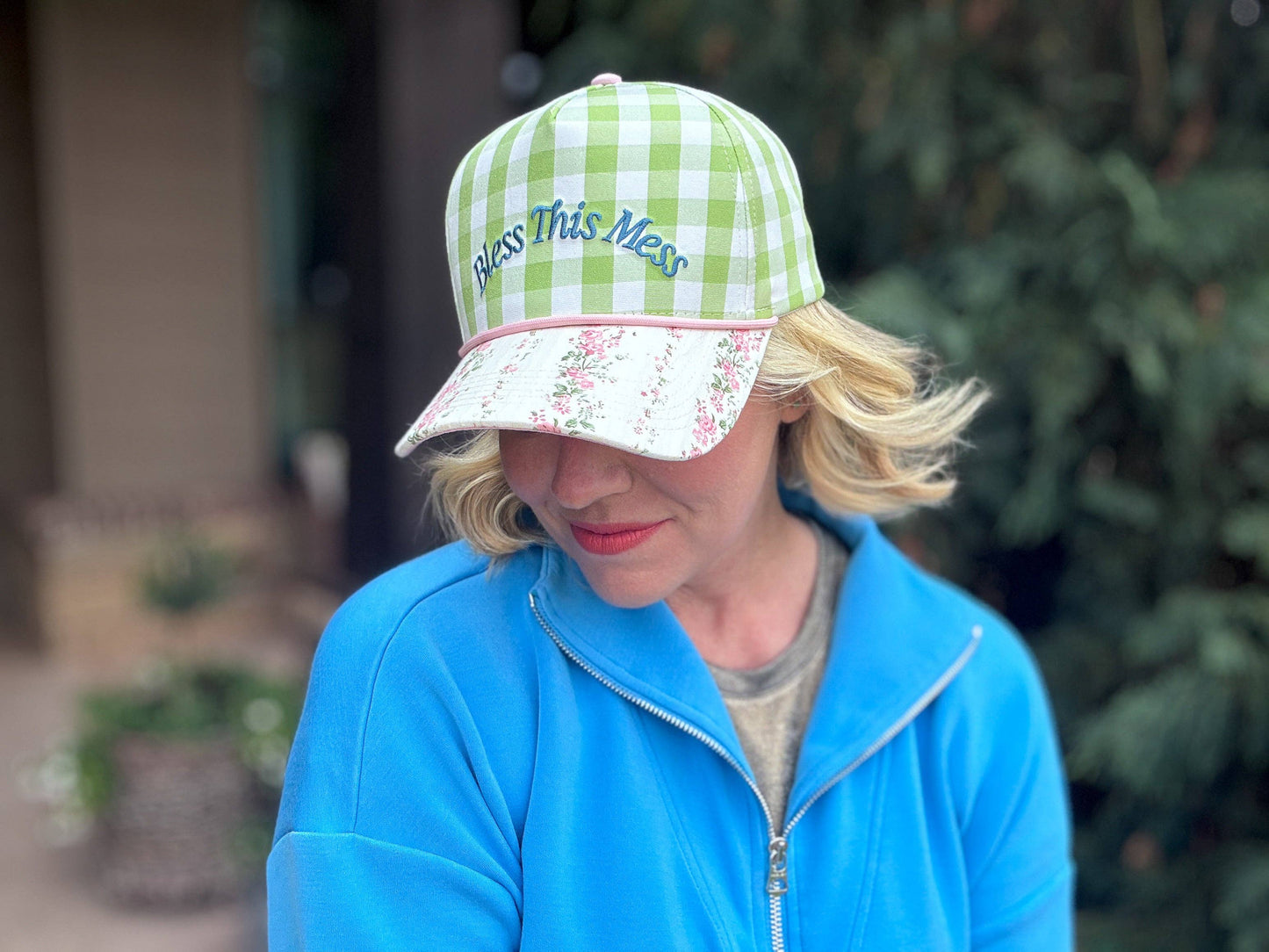 Bless This Mess Embroidered Floral Gingham Trucker Hat