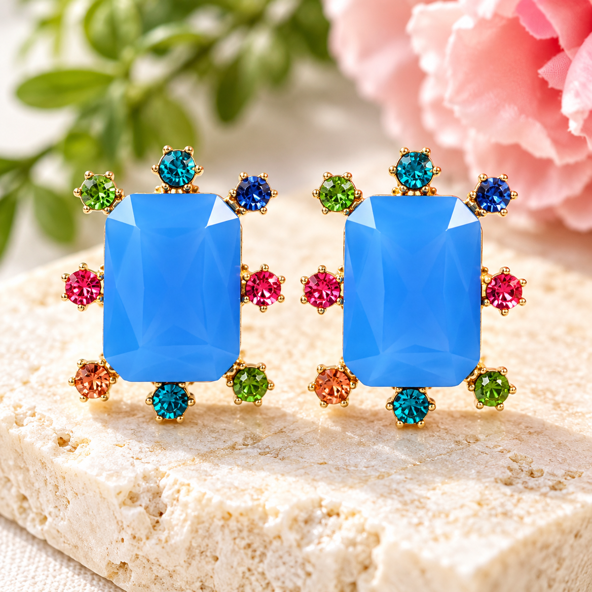 a close up of blue gemstone earrings from Jane Marie with smaller stones around the earrings to accentuate it. 