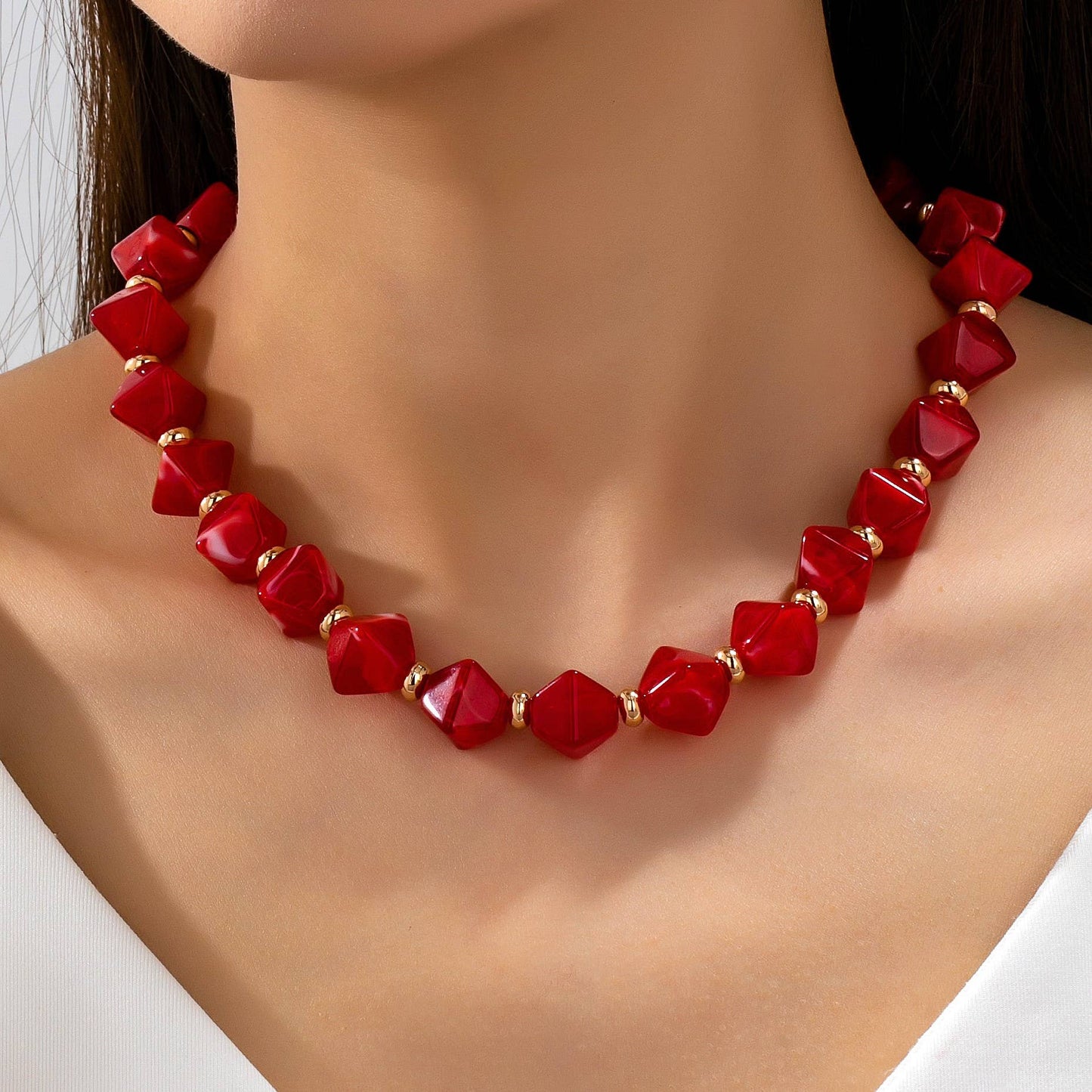 Red Faceted Beaded Statement Necklace