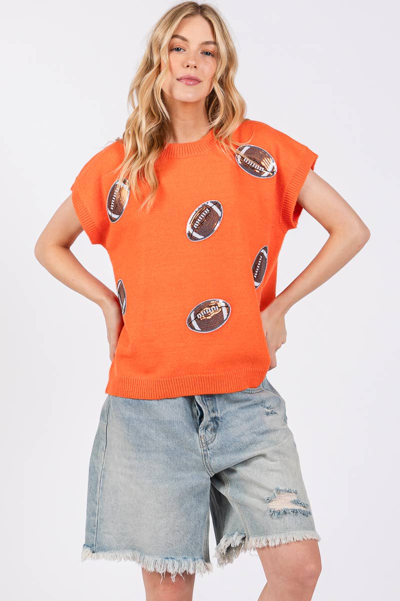 Orange Football Sequin Patch Game Day Top