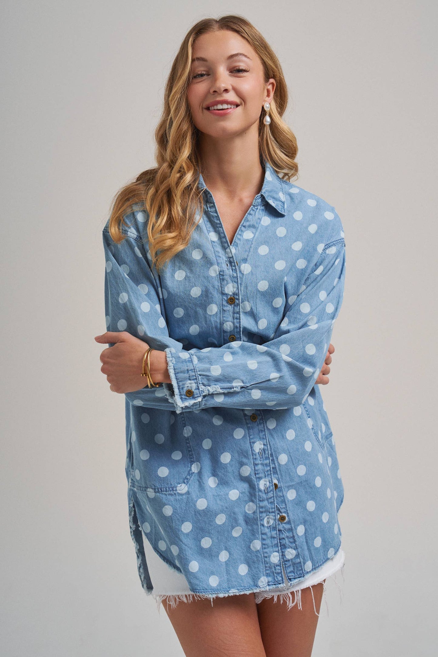 Polka Dot Chambray Button-Up Shirt with Frayed Hem