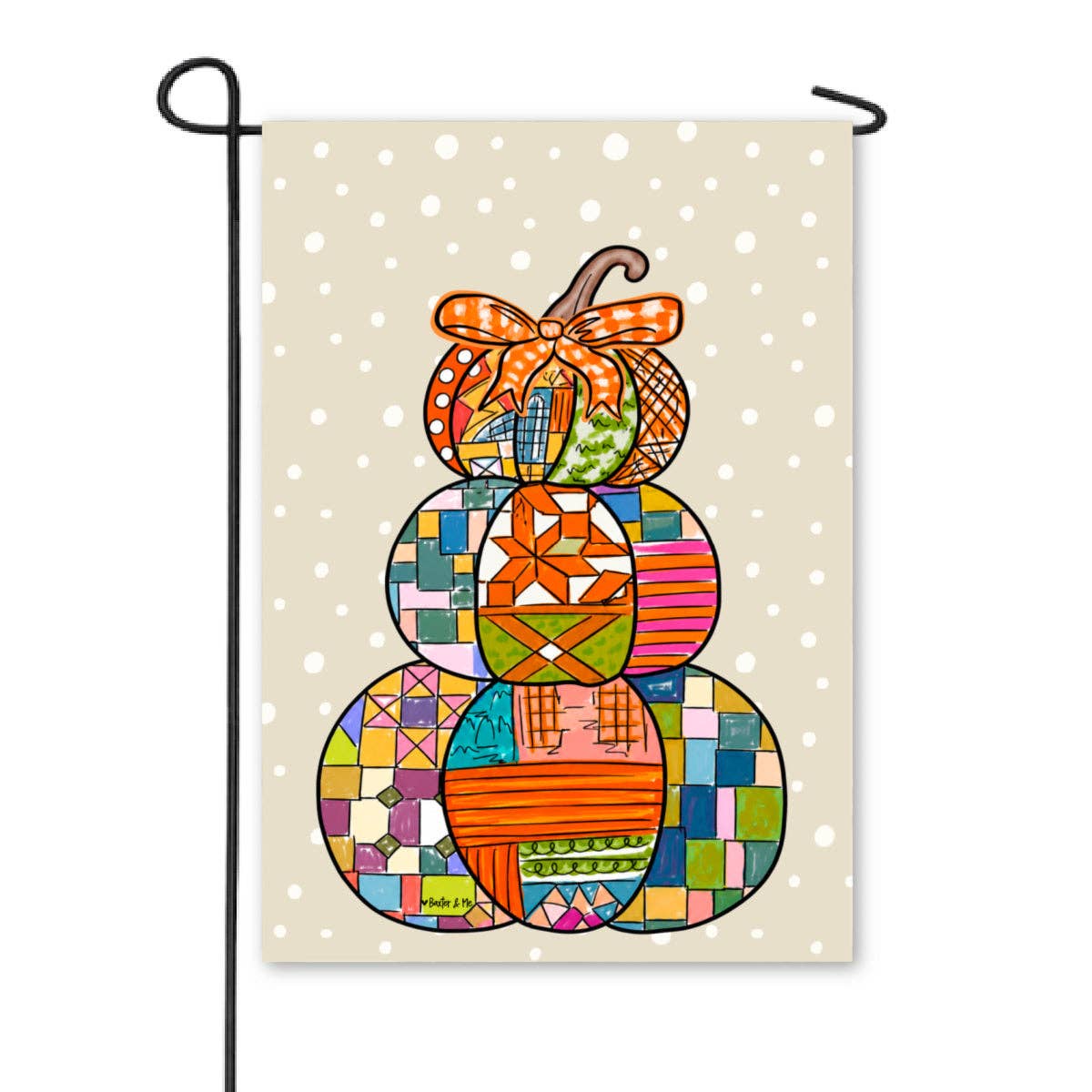 Decorative garden flag with colorful patchwork design on a beige background with white polka dots.