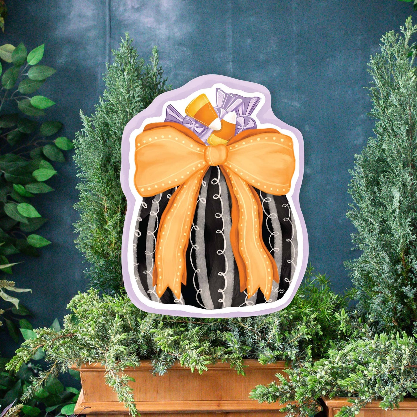 Black Halloween Pumpkin with Orange Bow Yard Art