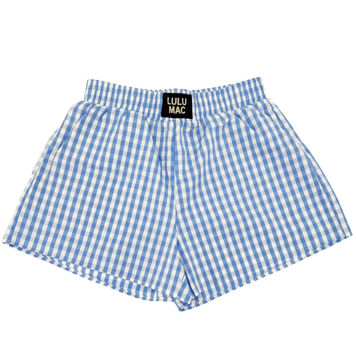 Lulu Mac light blue and white gingham boxer shorts with elastic waistband