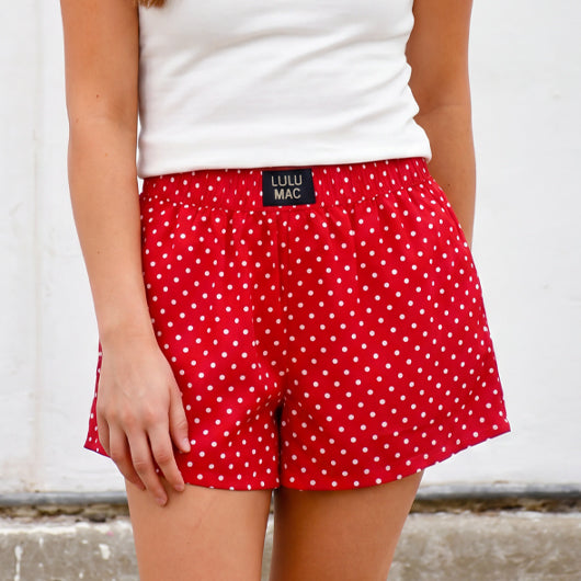 Lulu Mac red boxer shorts with white mini polka dots