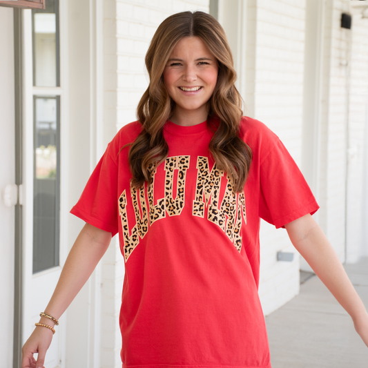 Lulu Mac paprika Comfort Colors tee with leopard print Lulu Mac lettering