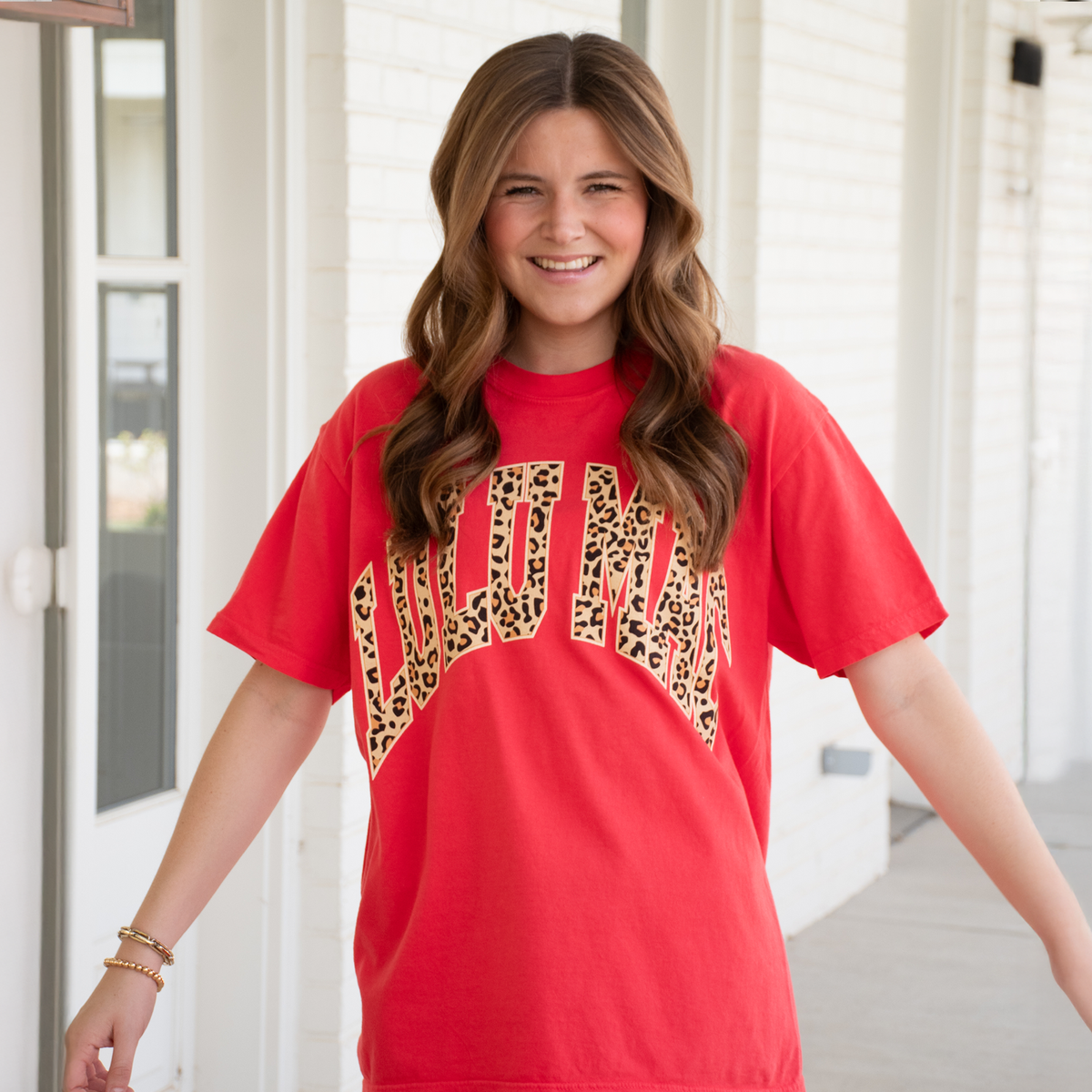 Lulu Mac paprika Comfort Colors tee with leopard print Lulu Mac lettering