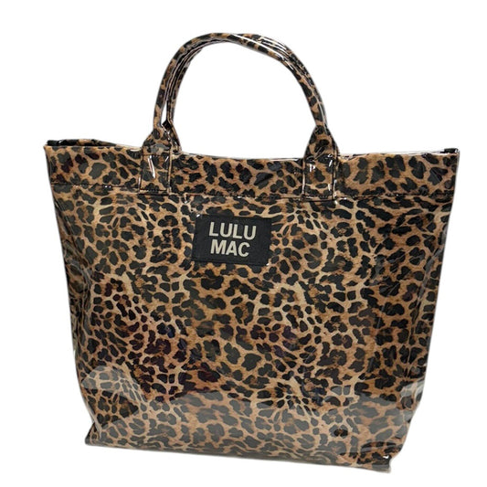 Lulu Mac glossy leopard print tote bag with black Lulu Mac patch