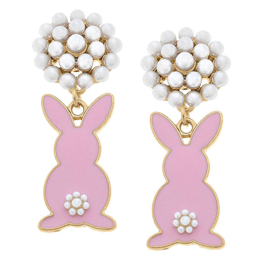 Bunny Pearl Cluster Enamel Earrings in Pink