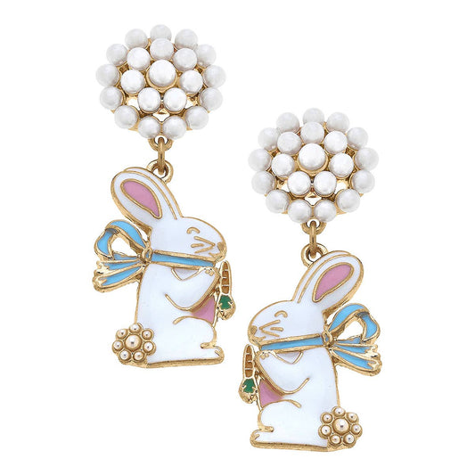 Easter Bow Bunny Enamel Earrings in White