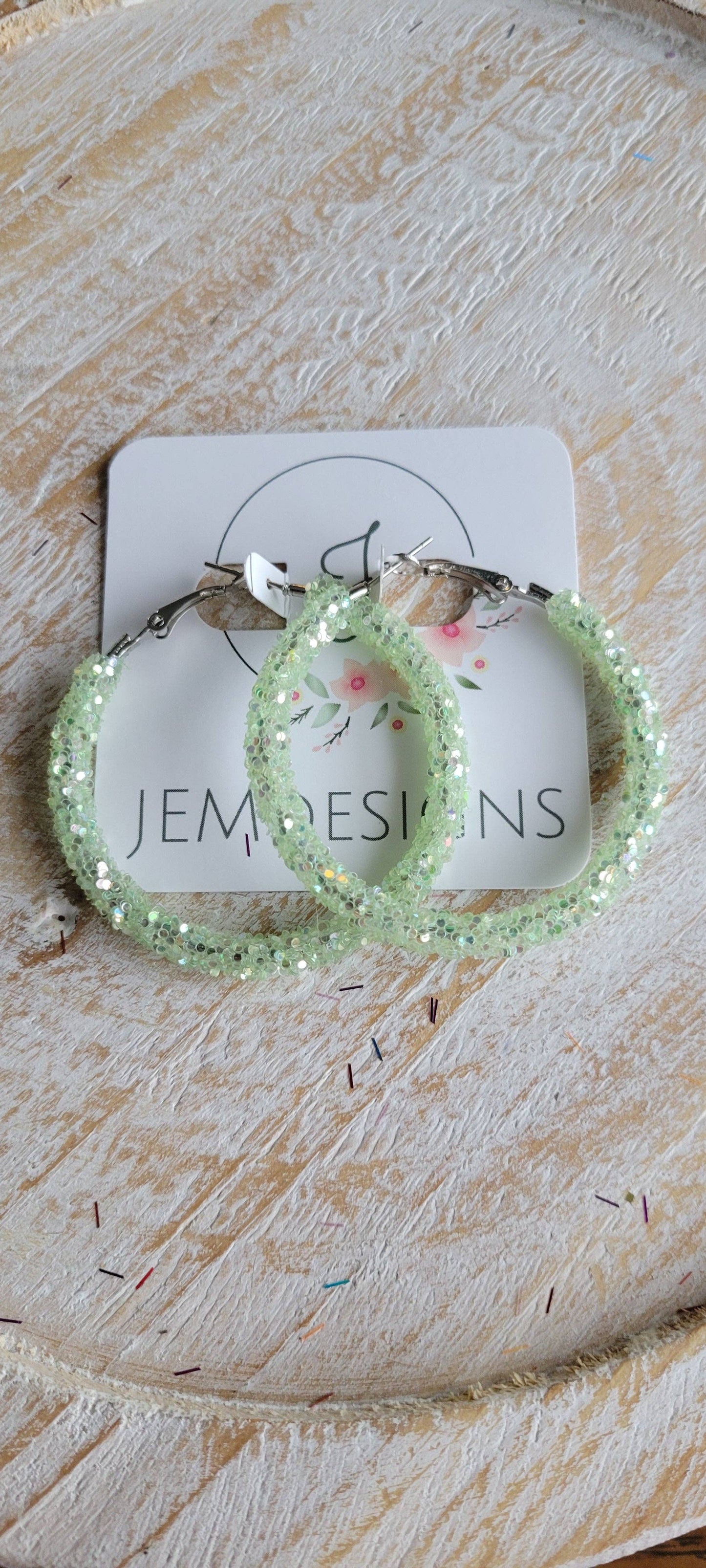 Pastel Green Glitter Hoop Earrings