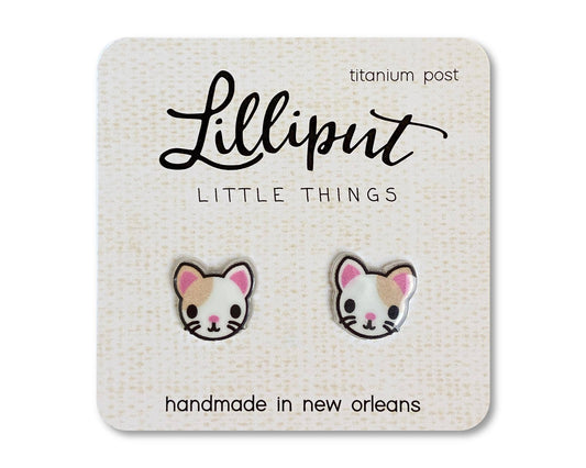 Kitty Cat Earrings: White w/ Brown Spot